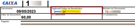 Tela modelo de boleto emitido pela Caixa Econômica Federal com destaque para o campo Código do beneficiário sem dígito.