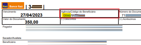 Tela modelo de boleto emitido pelo Itaú com destaque para o campo Agência.