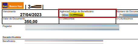 Tela modelo de boleto emitido pelo Itaú com destaque para o campo Código beneficiário.