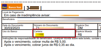 Tela modelo de boleto emitido pelo Itaú com destaque para o campo Carteira padrão.