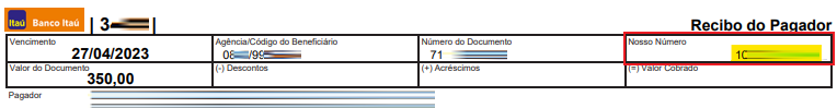 Tela modelo de boleto emitido pelo Itaú com destaque para o campo Nosso número.