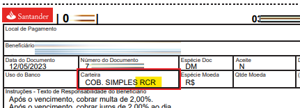 Tela modelo de boleto emitido pelo Santander com destaque para o campo Carteira padrão.