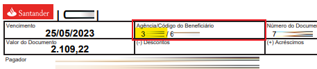 Tela modelo de boleto emitido pelo Santander com destaque para o campo Agência.