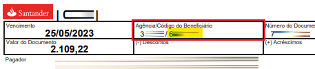 Tela modelo de boleto emitido pelo Santander com destaque para o campo Código beneficiário.