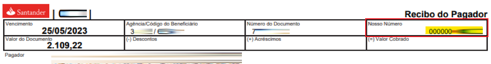 Tela modelo de boleto emitido pelo Santander com destaque para o campo Nosso número.