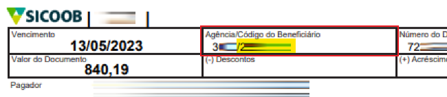 Tela modelo de boleto emitido pelo Sicoob com destaque para o campo Código beneficiário.