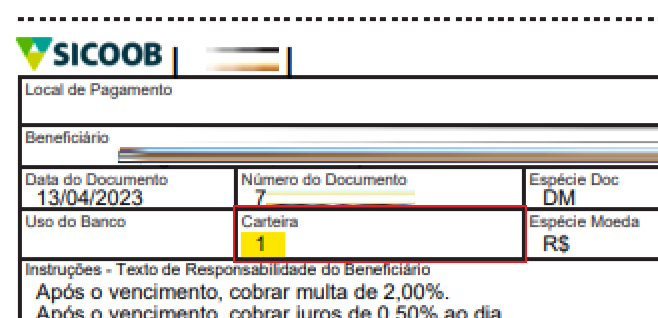 Tela modelo de boleto emitido pelo Sicoob com destaque para o campo Carteira padrão.