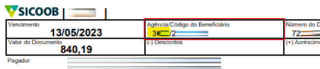 Tela modelo de boleto emitido pelo Sicoob com destaque para o campo Agência.