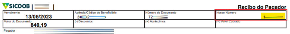 Tela modelo de boleto emitido pelo Sicoob com destaque para o campo Nosso número.