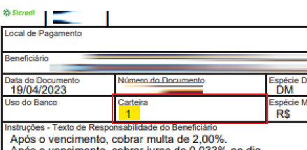 Tela modelo de boleto emitido pelo Sicredi com destaque para o campo Número da carteira padrão.