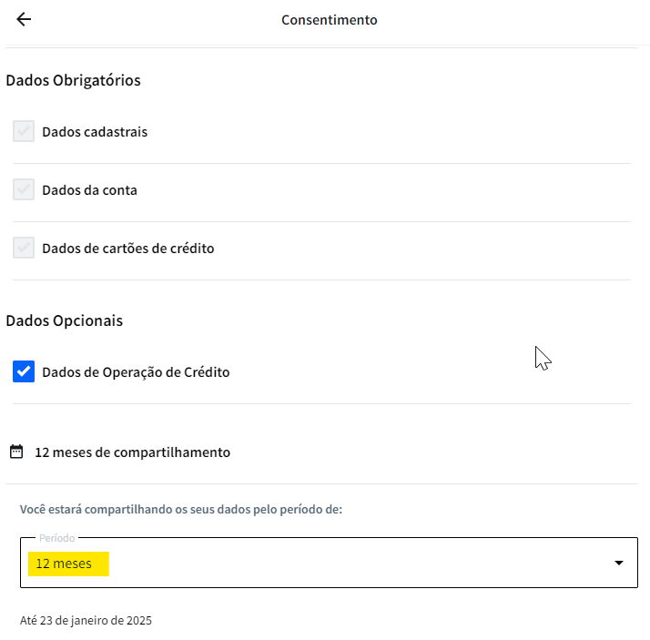Tela de consentimento do Open Finance com Itaú com destaque para o campo de período de compartilhamento.