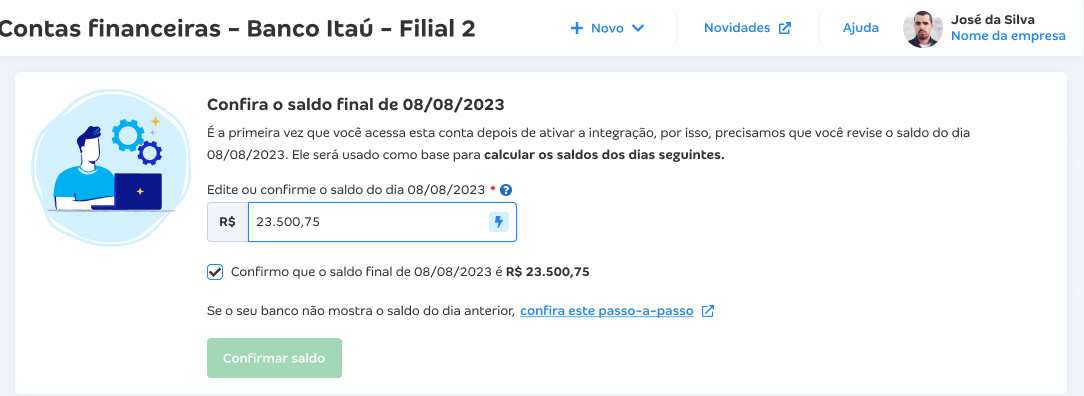 Tela para conferir saldo final do dia anterior à configuração do Open Finance com Itaú.