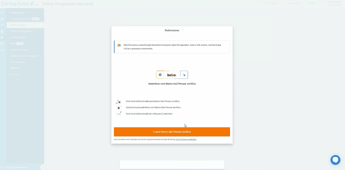 Passo a passo para concluir a configuração do Open Finance com Itaú no internet banking.