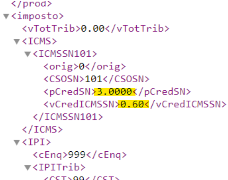 Tela do XML com destaque para tag vCredICMSSN