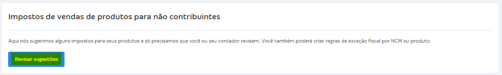 Tela com botão Revisar sugestões da regra fiscal.