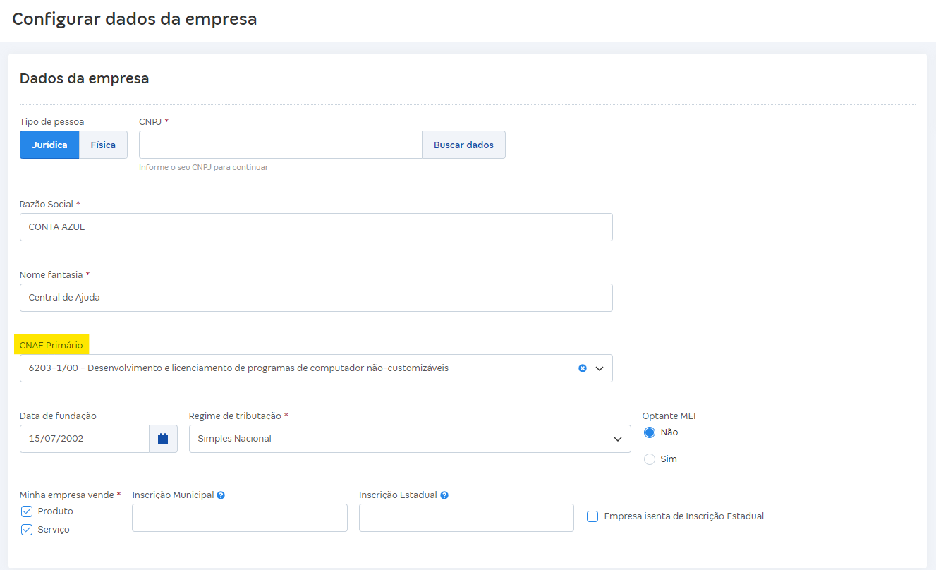Tela de configuração do CNAE principal nos Dados da empresa.