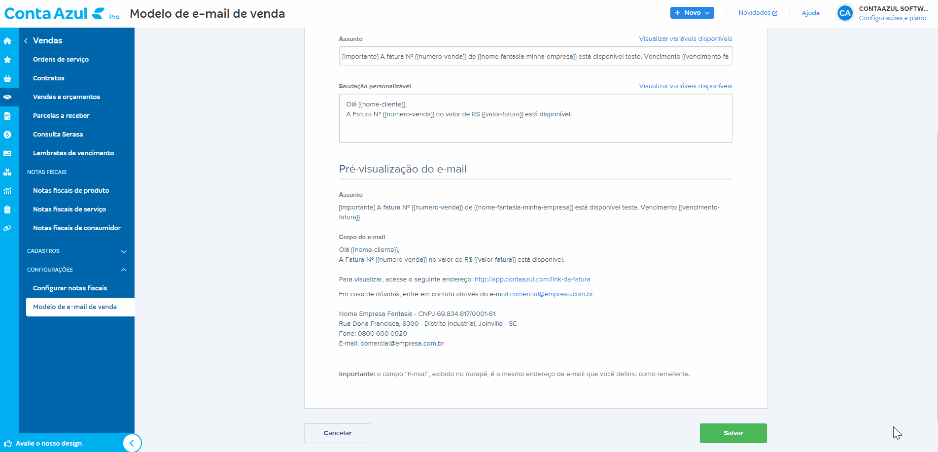 Passo a passo de personalização e pré-visualização do novo modelo de e-mail.