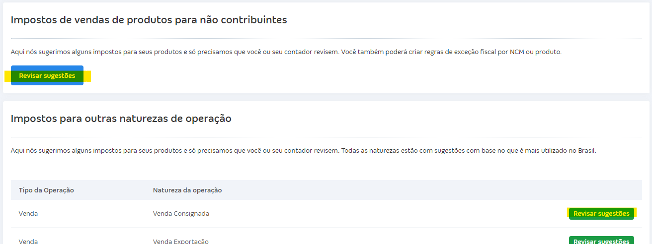 Tela com botão Revisar sugestões da regra fiscal.