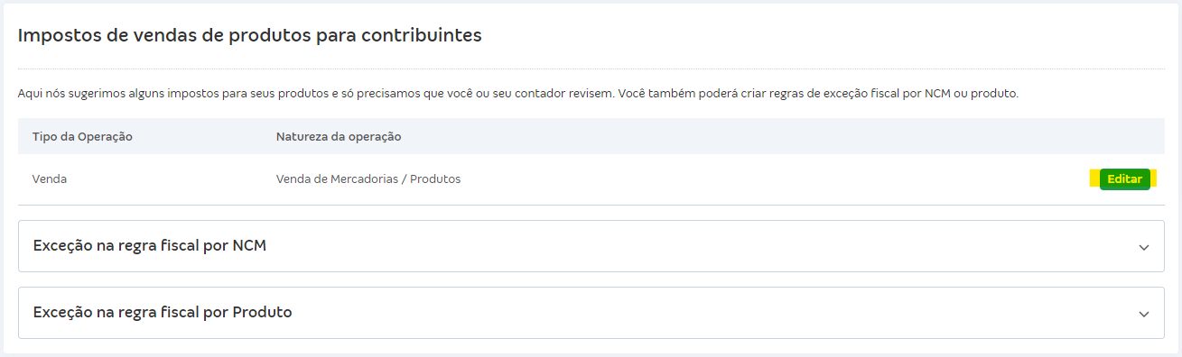 Tela com botão Editar das regras fiscais.