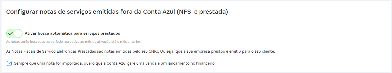 Tela com destaque para o campo que permite a Conta Azul criar uma venda quando a nota fiscal for importada.