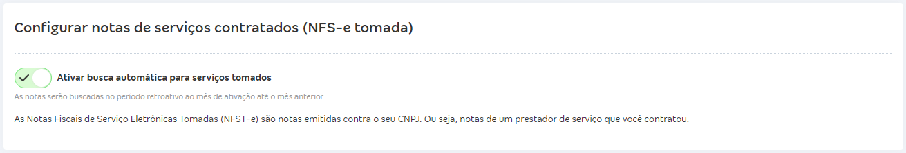 Tela com destaque para ativar busca automática de serviços tomados.