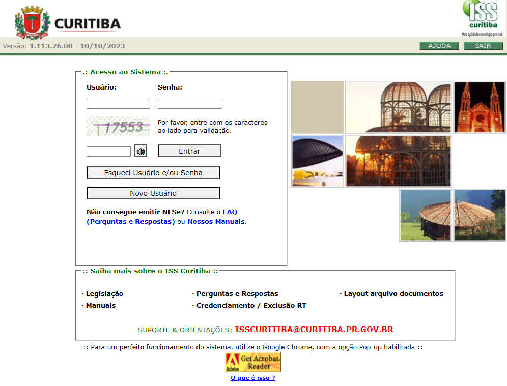 Tela de login no site da prefeitura de Curitiba.