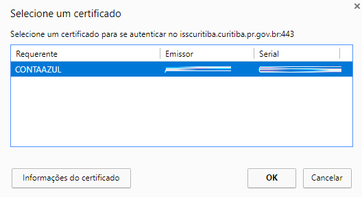 Tela para selecionar certificado digital no site da prefeitura de Curitiba.
