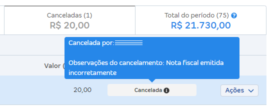 Tela com a situação da NFS-e Cancelada.