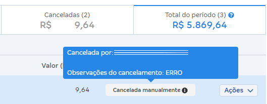 Tela com a situação da NFS-e Cancelada manualmente.