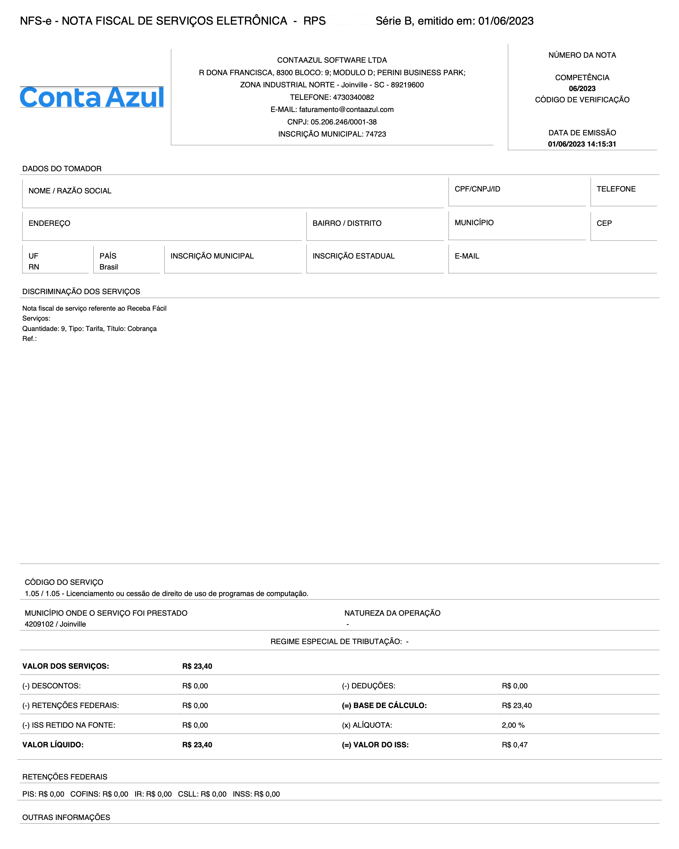 Tela da nota fiscal com o total das taxas pagas pelas Cobranças da Conta Azul.