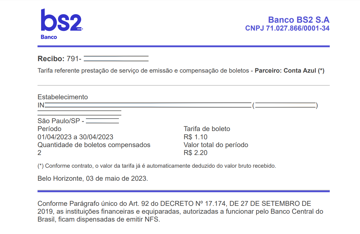 Tela de recibo com o total das taxas pagas pelas Cobranças da Conta Azul.