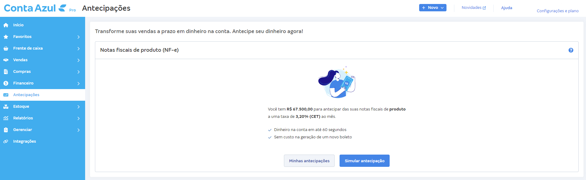 Tela de Antecipações com destaque para os botões Minhas antecipações e Simular antecipação.