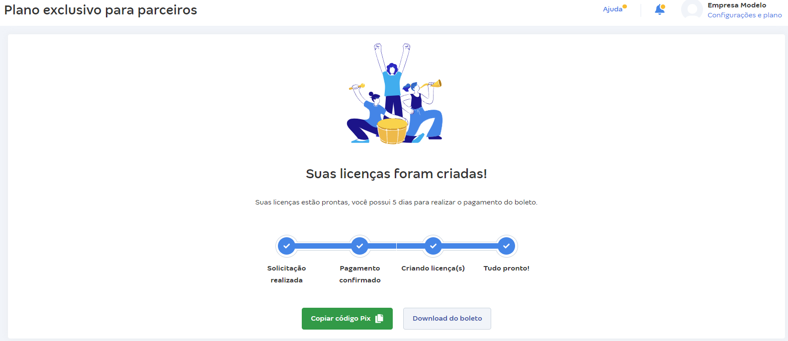 Tela de Conclusão da aquisição de licenças.