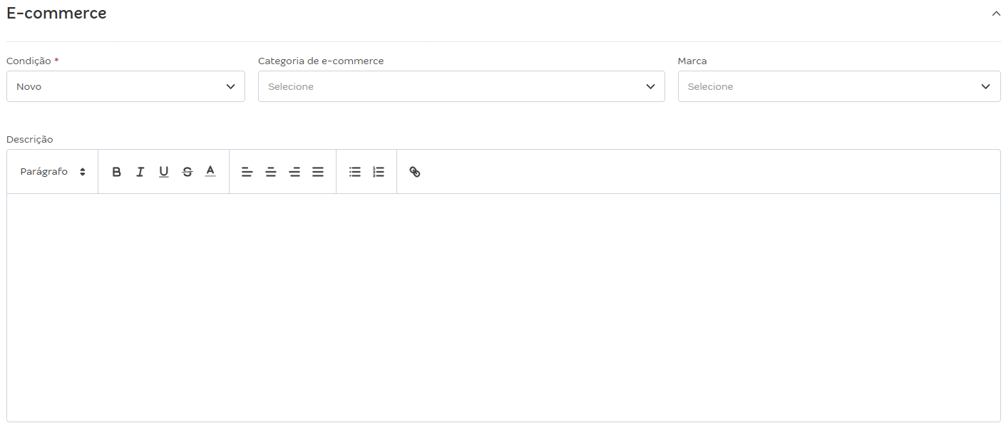 Tela de cadastro de produtos com destaque para os campos de preenchimento para E-commerce.