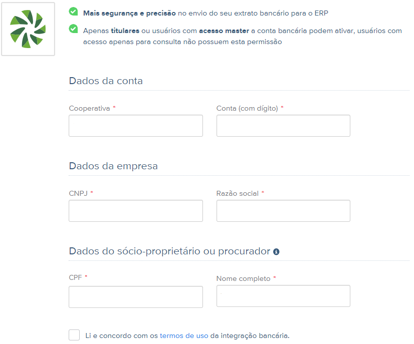 Tela para Ativar Integração Open Finance com Sicredi.