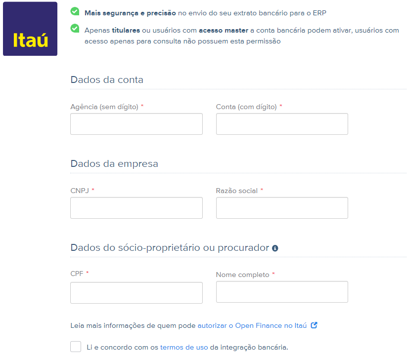Tela para Ativar Integração Open Finance com Itaú.