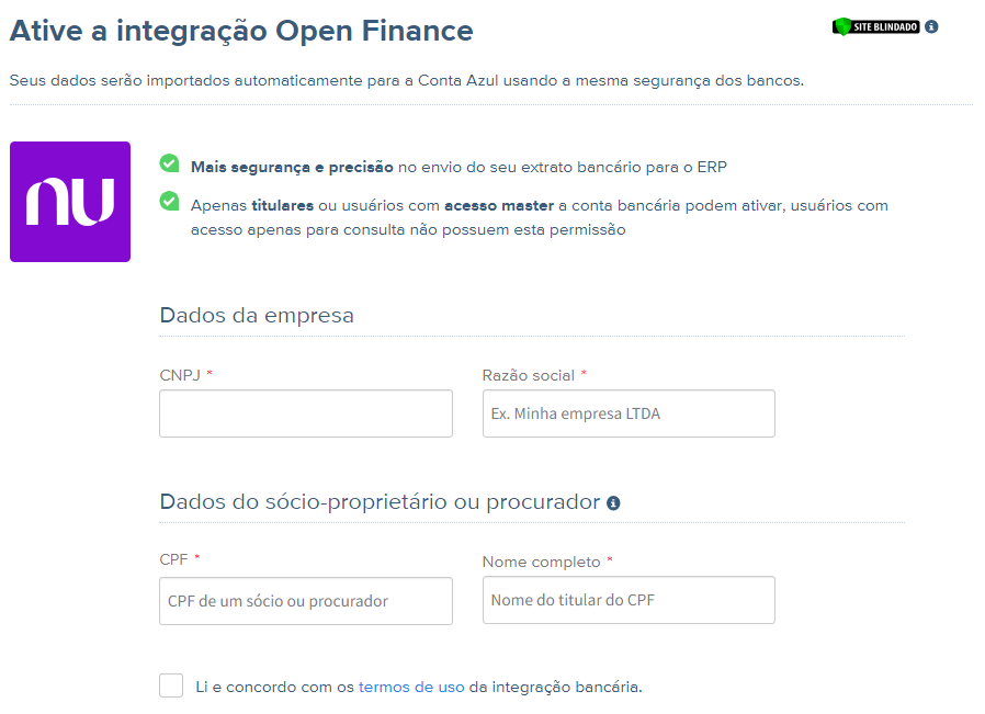 Tela para Ativar Integração Open Finance com Nubank.