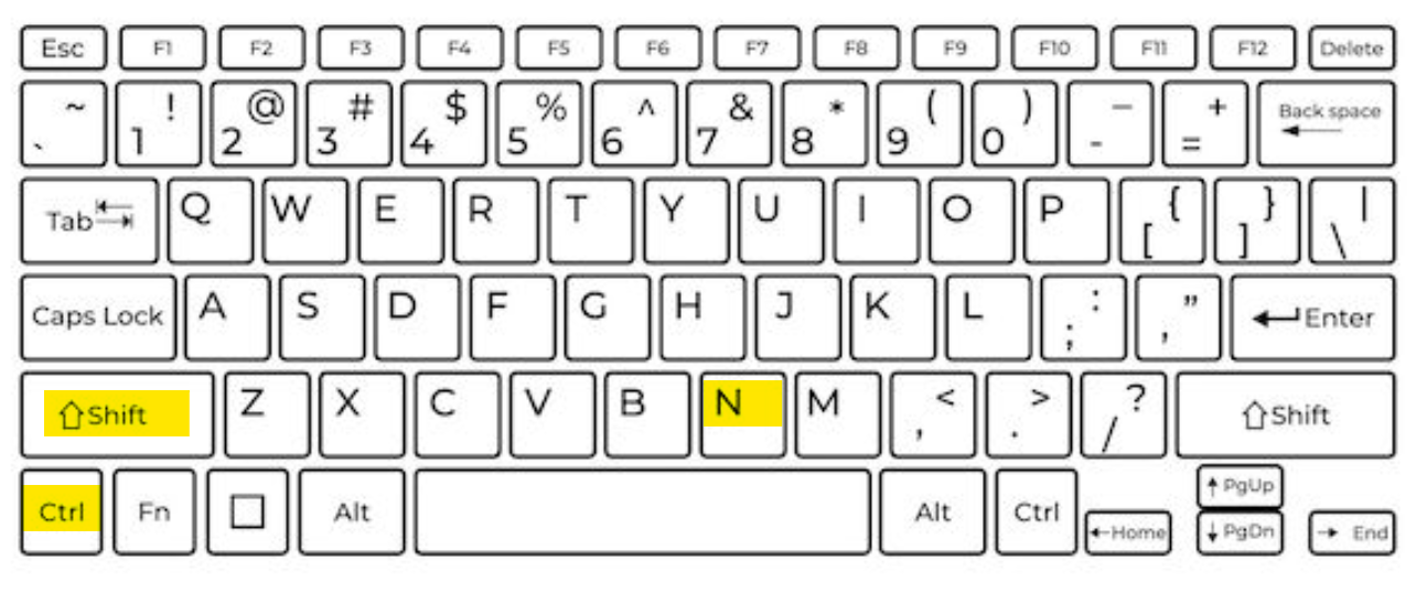 Tela de teclado com destaque para as teclas Ctrl + Shift + N.