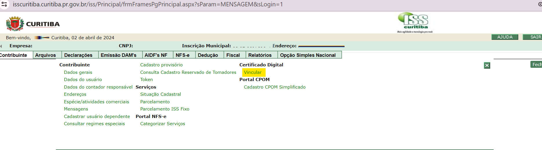 Tela para vincular certificado digital a1 no site da prefeitura de Curitiba.