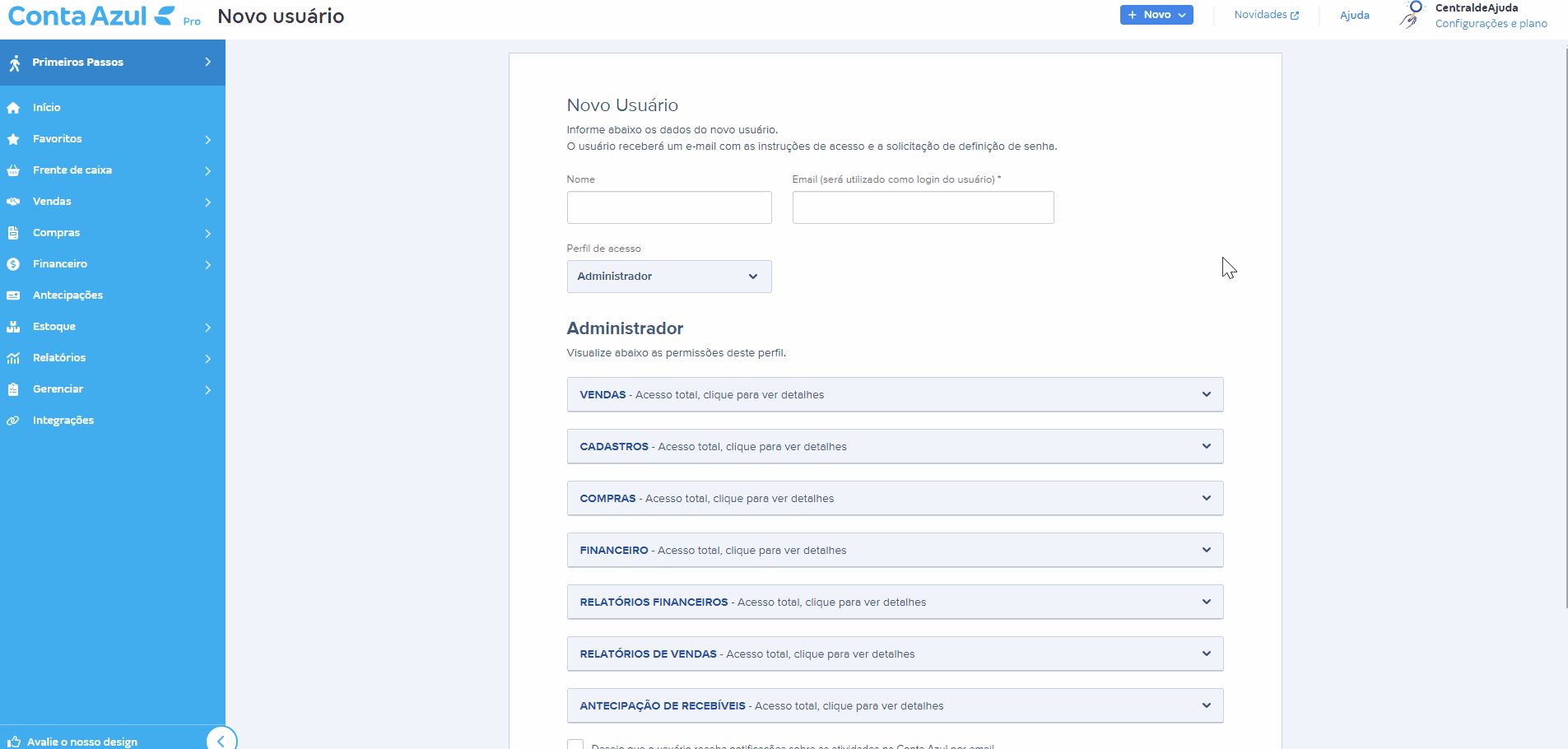 Passo a passo para visualizar a permissão padrão do usuário Administrador.