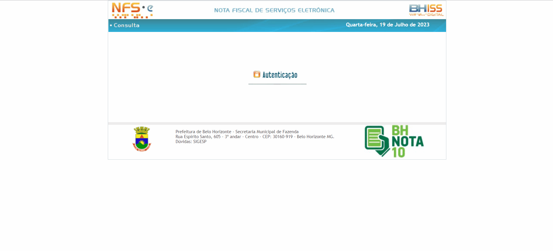Tela de login no portal da prefeitura.