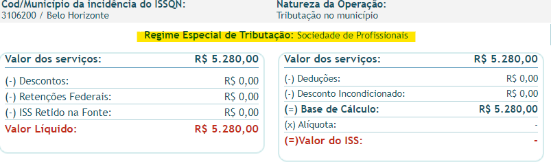 Tela para consulta do Regime especial de tributação no padrão Belo Horizonte.