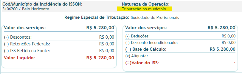 Tela para consulta da Natureza de operação padrão no padrão Belo Horizonte.