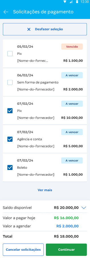 Tela de solicitações de pagamentos com destaque para o botão Continuar.
