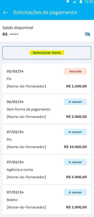 Tela de finalizar pagamentos em lote com destaque para o botão Selecionar itens.