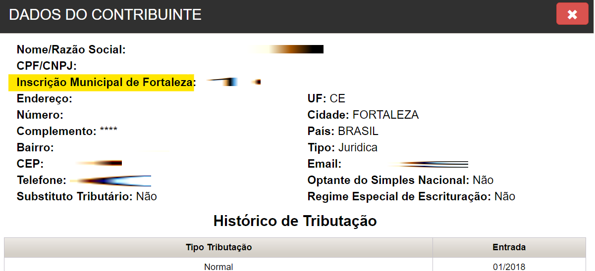 Tela para consulta da Inscrição Municipal no padrão ISS Fortaleza.