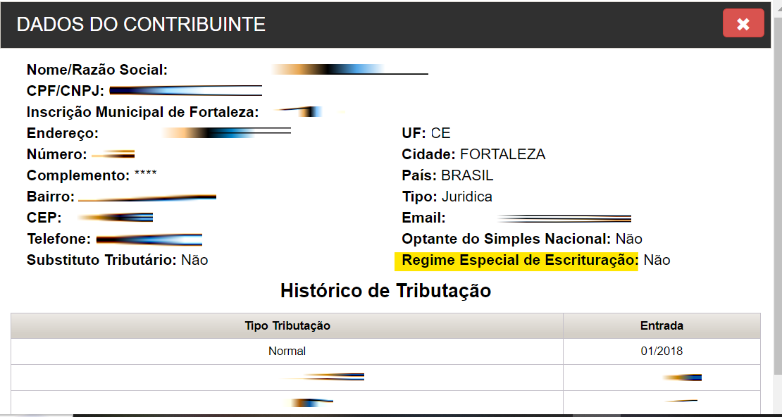 Tela para consulta do Regime especial de tributação no padrão ISS Fortaleza.