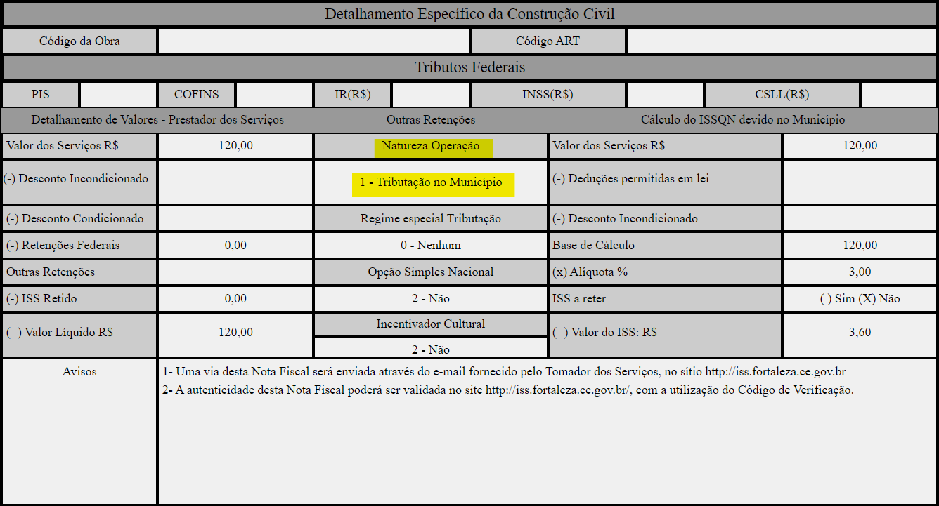 Tela para consulta da Natureza de operação padrão no padrão ISS Fortaleza.