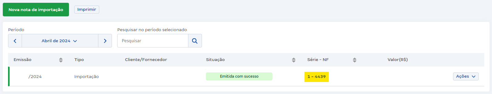 Tela de Notas Fiscais de Importação.