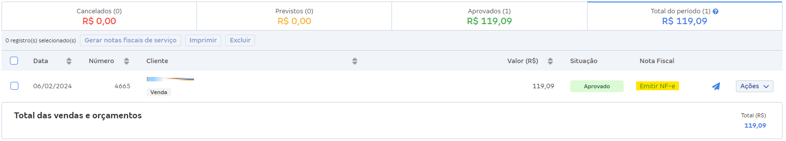 Tela de vendas com destaque para o atalho Emitir NF-e.
